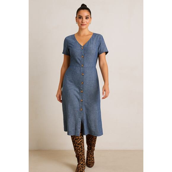 Old Navy Button Down Linen Blend Midi Dress | Blue Short Sleeve Casual | M - Picture 1 of 10